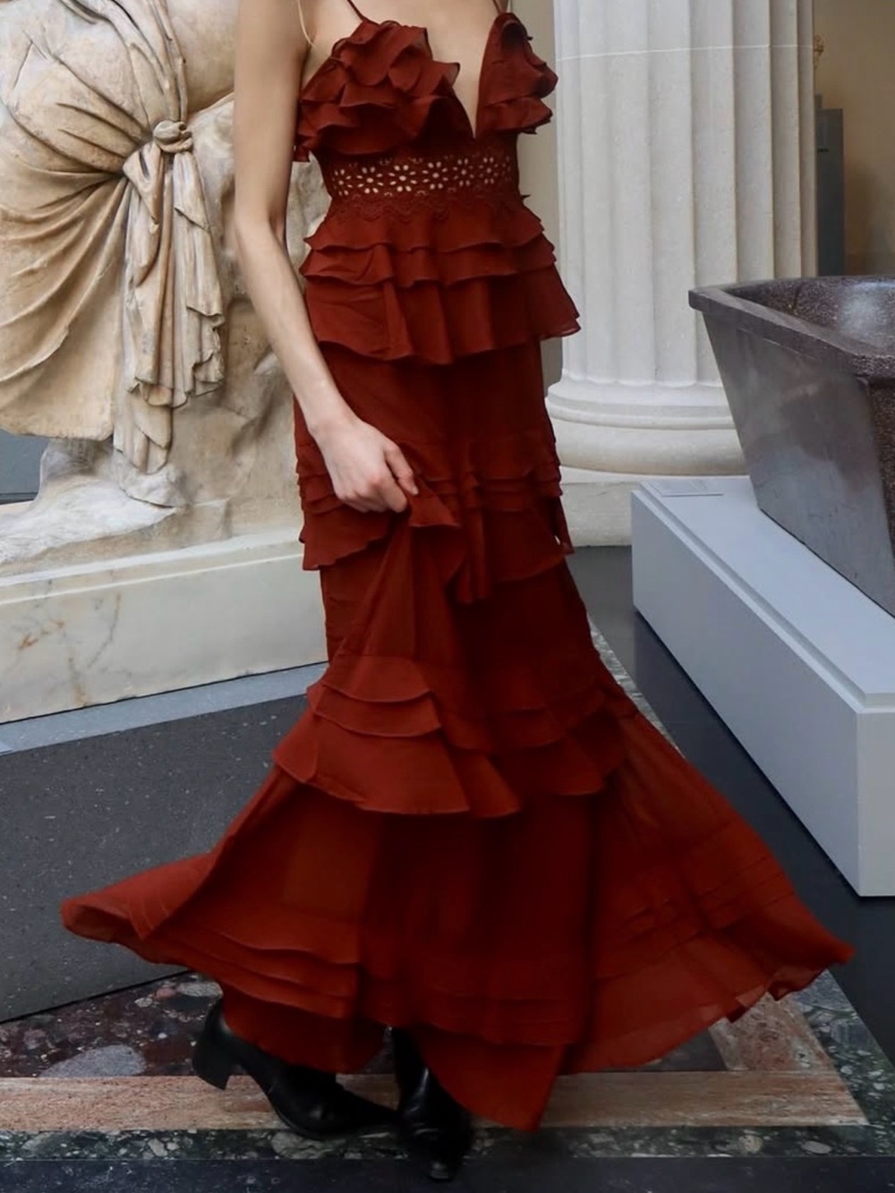 Tiered Ruffle Maxi Skirt in Rust Red - Women